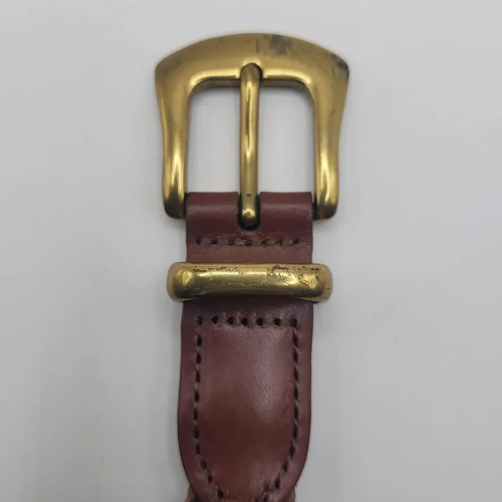 Brown Leather Belt Womens Large Braided Woven Brass Buckle Boho Hippie Western